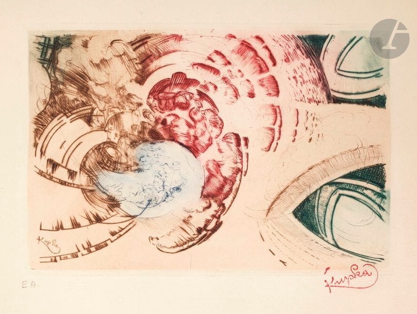 František Kupka (1871-1957) 
Study for fugue in two colours II. 1912. Etching and dry point. 235 x 160. colour printing. Very beautiful proof on ivory laid, of a modern print, covered with a justification in pencil "E.A" and the red stamp of the signature. All margins. J.-P. Loriot ed. Frame.
