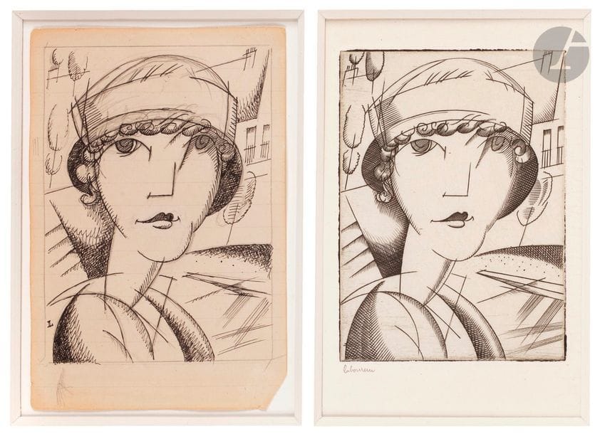 Jean-Émile Laboureur (1877-1943) 
Portrait. 1917. Chisel. 80 x 104. Ploughman 170. Very nice proof on thin white laid, from the 2nd state (on 3), before the monogram, signed in pencil. Margins. Total draw at 54 events. Attached: same subject. Preparatory drawing, India ink and graphite on thin vellum,[88 x 127], signed with the monogram in the subject. Lower right angle down. Set of 2 p. (in a frame).
