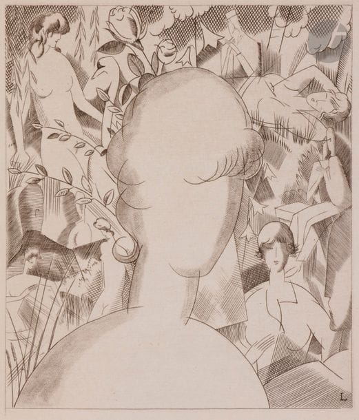 Jean-Émile Laboureur (1877-1943) 
Gourmont (Rémy de). Le Songe d’une femme. Roman familier. Paris, C. Bloch, 1925. Un vol. in-4 sur vélin, broché, illustré de gravures au burin de Laboureur. Laboureur 307. Couverture de vélin rose rempliée. Quelques rares rousseurs aux feuillets de texte. Ex. très frais, l’un des 25 exemplaires de collaborateurs, justifié « V », contenant reliée à la fin une suite additionnelle des planches sur vélin (27 sur 28 – manque le cul-de-lampe).