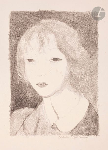 Marie Laurencin (1883-1956) 
Portrait de jeune fille. (Pl. pour L’Art d’aujourd’hui, A. Morancé éd., 1925). Lithographie. 145 x 200. Marchesseau 76. Très belle épreuve sur vélin fort, signée au crayon. Infimes rousseurs perceptibles sur la joue. Toutes marges.