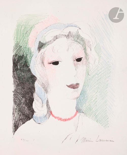 Marie Laurencin (1883-1956) 
La Duchesse de Longueville. 1930. Lithographie. 235 x 315. Marchesseau 147. Très belle épreuve sur vélin de la pierre-clé tirée en noir, largement reprise aux crayons de couleurs, numérotée et signée au crayon. Toutes marges. Tirage à 100 épreuves. Timbre sec : Jacquart éditeur Paris (Lugt non décrit).