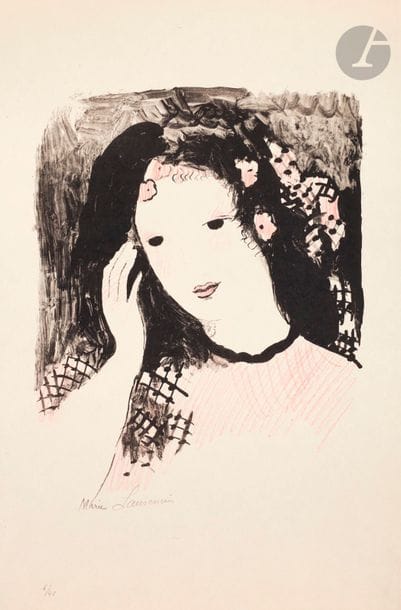 Marie Laurencin (1883-1956) 
Tête de femme. (Pl. refusée pour J. de Lacretelle, Pressentiments, Paris, éd. des Quatre chemins, 1930). Lithographie. 260 x 340. Marchesseau 155. Très belle épreuve sur japon, reprise au crayon rose, signée et numérotée au crayon. Toutes marges. Tirage à 40 épreuves.