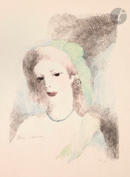 Marie Laurencin (1883-1956) 
Augusta. 1930. Lithographie. 280 x 390. Marchesseau 156. Très belle épreuve sur japon, de la pierre-clé tirée en noir, largement reprise aux crayons de couleurs, signée et numérotée au crayon. Toutes marges. Tirage total à 100 épreuves. Timbre sec : Jacquart éditeur Paris (Lugt non décrit).