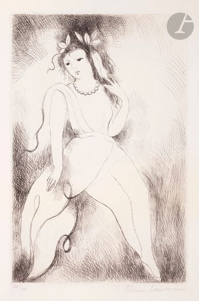 Marie Laurencin (1883-1956) 
Jeanne. 1930. Etching. 175 x 235. Steps 165. Very beautiful proof on white vellum, covered with the stamp of the succession recto and verso. All margins. Seal: Young girl with a collar. 1945. Etching. 158 x 240. Marchesseau 237. Very nice proof on vellum, numbered and signed in pencil. All margins. Running at 120 events. Dry stamp: Soc. des Peintres-Graveurs Français (Lugt 1195a). Set of 2 p.
