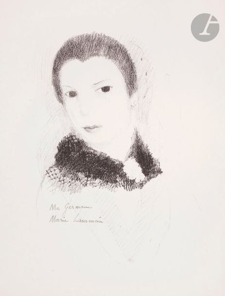 Marie Laurencin (1883-1956) 
Ma Germaine. 1931. Lithographie. 160 x 265. Marchesseau 169. Très belle épreuve sur vélin, titrée et signée au crayon. Toutes marges. Timbre de la succession au verso. Ex-coll. H.-M. Petiet (Lugt 5031). Joint : La Princesse de Clèves. 1932. Lithographie. 140 x 170. Marchesseau 172. Très belle épreuve sur vélin, signée au crayon. Toutes marges. Ens. 2 p.