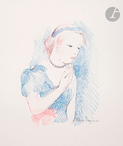 Marie Laurencin (1883-1956) 
Jeune fille à la fleur. (Pl. pour H. de Montherlant, Les Jeunes filles, Paris, Bibl. Grasset, 1937). Lithographie. 135 x 185. Marchesseau 183. Impression en couleurs. Parfaite épreuve sur vélin, signée au crayon. Toutes marges.