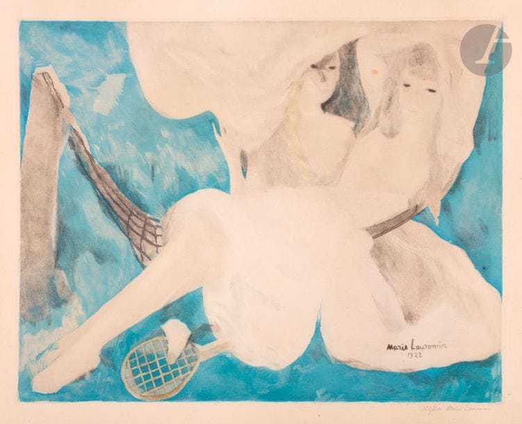 Marie Laurencin (1883-1956) (d’après) 
La Femme au hamac. 1924-1925. Gravé par J. Villon. 545 x 430. Ginestet et Pouillon 642. Impression en couleurs. Belle épreuve sur vélin fort, numérotée et signée au crayon par M. Laurencin. Oxydation du feuillet. Toutes marges. Tirage à 200 épreuves.