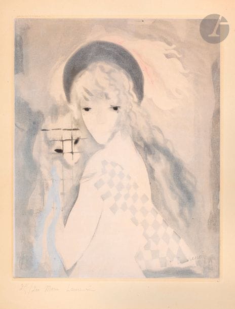 Marie Laurencin (1883-1956) (d’après) 
La Femme au singe. 1926-1927. Gravé par J. Villon. 260 x 325. Ginestet et Pouillon 648. Impression en couleurs. Très belle épreuve sur vélin, numérotée et signée au crayon par M. Laurencin. Oxydation du feuillet. Toutes marges. Tirage à 250 épreuves.