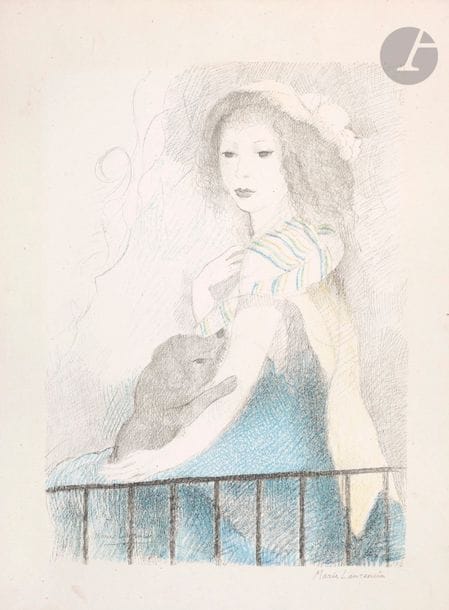 Marie Laurencin (1883-1956) (d’après) 
Femme au chien. (Pl. pour Marie-Jeanne L’Héritier de Villandon, L’Adroite princesse ou les aventures de Finette, conte de fées, Paris, M.-P. Trémois, éd., 1928). Lithographie par Mourlot. 247 x 340. Impression en couleurs. Réunion de 2 épreuves sur chine volant, la 1re avec déchirure de 20 mm en marge droite, la 2e collée en plein sur carton. Toutes marges. 