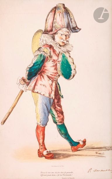 Édouard Manet (1832-1883) 
Polichinelle. 1874. Lithography. [300 x 485]. Guérin 79; Bareau-Berès 83; Fisher 61; Colour printing. Interesting proof on white vellum, from the second print (in number) with the letter, washed and lined on thin Japanese, trimmed, with a small damage to the subject at the right edge, but complete with verses and the name Banville, signed in pen and sepia ink (the initials slightly truncated
 on the right).
 "Unique color print made by Manet. The model was a friend of his, the painter Edmond André, who also appears in this costume in the painting entitled Bal masqué à l'Opéra (Washington, National Gallery of Art), refused by the Salon jury. Manet had launched a competition between poets to write two verses to be inscribed under the image of his Polichinelle. He chose the Alexandrians of Theodore de Banville (1823-1891), who was considered one of the most eminent poets of his time. In 1876, 8,000 copies of the lithograph were removed and offered as a bonus to subscribers of the newspaper Le Temps. As the censorship thought it recognized a caricature of General Mac-Mahon, it prohibited its dissemination. " (Source: INHA). Of the 8,000 events, 1,500 were effectively destroyed, according to Rançon, Lemercier's nephew and driver during the
 draw.

 Several slight scratches slightly perceptible on the surface.

