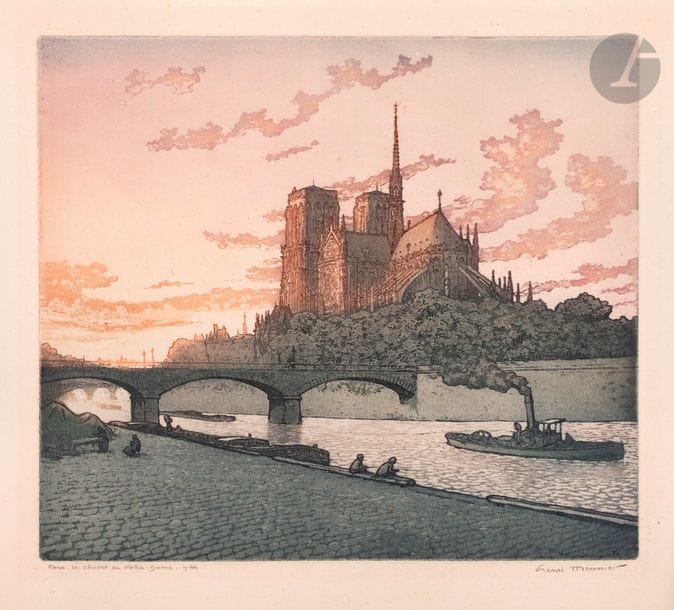Henri Meunier (1873-1922) 
Paris, le chevet de Notre-Dame. Vers 1900. Eau-forte et aquatinte. 243 x 213. Impression en couleurs. Très belle épreuve sur vélin fort, titrée et signée au crayon. Très légère oxydation marginale. Toutes marges. Joint : Chambord, le pont. Eau-forte et aquatinte. 220 x 145. Impression en couleurs. Très belle épreuve sur vergé, les bords latéraux rempliés. Rousseurs éparses. Toutes marges. Ens. 2 p.