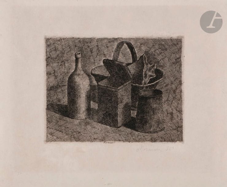 Giorgio Morandi (1890-1964)Natura morta con il cestino del pane (lastra piccola) / Nature morte au panier de pain (petite planche). 1921. Eau-forte. 152 x 117. Vitali 14 ; Cordaro 1921.9. Belle épreuve sur japon, du 2e état (sur 3), avec la signature gravée mais avant le numéro xc dans l’angle supérieur gauche, signée et datée au crayon, anciennement lavée, avec très légère trace d’épidermure persistante en surface à l’ouverture d’un ancien montage (ayant affecté le premier chiffre de la date manuscrite). Belles marges.