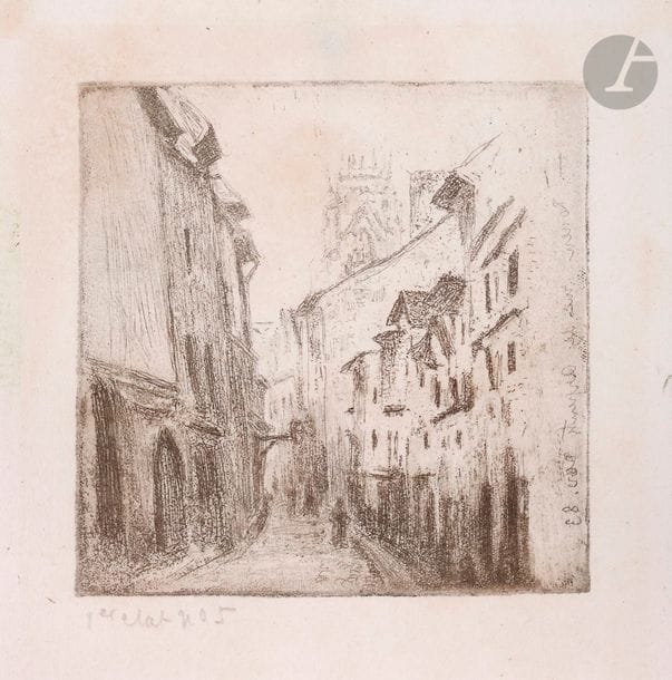 Camille Pissarro (1830-1903) 
Une ruelle à Rouen (rue des Arpents). 1883. Eau-forte sur zinc. 122 x 123. Delteil 42. Belle épreuve sur vélin, annotée au crayon par l’artiste : « 1er etat n° 5 » (en réalité du 2e état, le ciel effacé – 8 ou 9 épreuves de cet état ayant été annotées « 1er état »), soigneusement lavée et montée par les bords du feuillet sous le passe-partout au moyen de papier gommé. Belles marges, légèrement réduites [185 x 245]. Tirage à une quarantaine d’épreuves. Cadre.