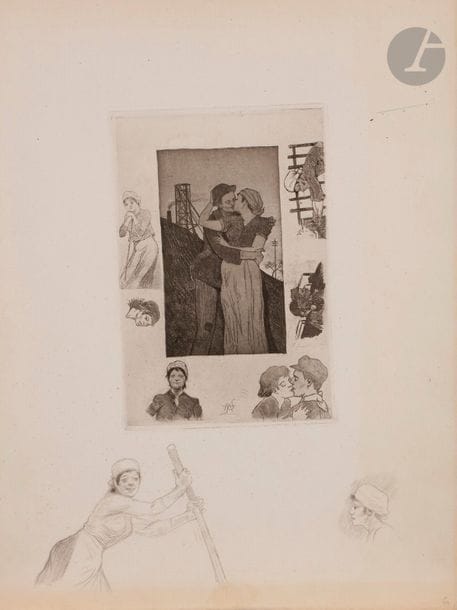 Armand Rassenfosse (1862-1934) 
Le Baiser du porion II ; La Folie gardant la chimère. Vernis mou, pointe sèche, aquatinte et roulette. Chaque [280 x 370]. Rouir 695 et 962. Très belles épreuves sur vergé, enrichies d’importantes remarques à la mine de plomb, la 2e signée du monogramme au crayon rouge. Légère oxydation des feuillets, notamment aux bords des marges. Un trait de crayon vert dans la marge droite à la 1re. Annotations au stylo-bille bleu en tête au verso à chacune. Ens. 2 p.