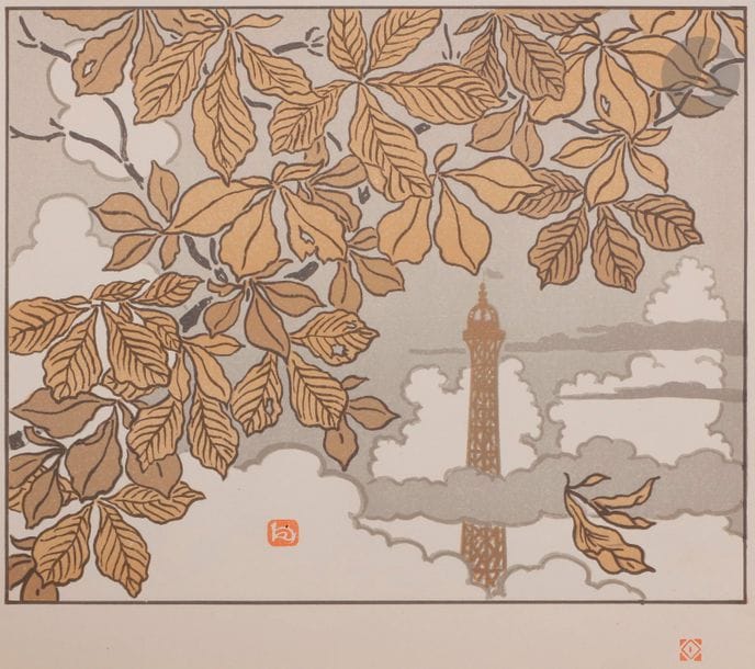 Henri Rivière (1864-1951) 
Les Trente-six vues de la tour Eiffel. Paris, Imprimerie Eugène Verneau, 1888-1902. Un vol. in-4 oblong (292 x 234), illustré de 36 lithographies originales en couleurs (Fields p. 77) relatant les différentes étapes de la construction de la tour Eiffel. Typographie et fleurons par George Auriol. Intérieur légèrement débroché. L’angle inférieur droit coupé à la pl. 25. Cartonnage de l’éditeur, plats ornés de médaillons gaufrés à décor d’iris (le 1er plat détaché), sans l’étui assorti. Exemplaire de l’imprimeur Roger Hénon (son paraphe au crayon en tête de l’ouvrage).