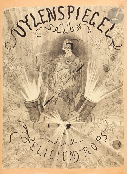 Félicien Rops (1833-1898) 
Uylenspiegel au Salon. Affiche. Vers 1860. Lithographie. 510 x 680. Belle épreuve sur vélin, irrégulièrement rognée au sujet, doublée sur vélin beige et entoilée. Plis médians encore perceptibles. Quelques petits trous et taches claires.