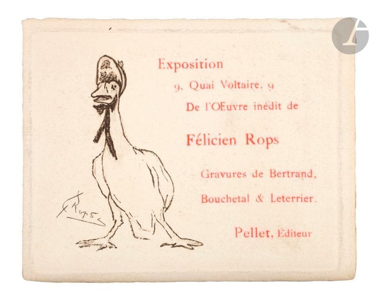 Félicien Rops (1833-1898) (par et d’après) 
Carte-adresse pour l’imprimerie Nys ; cartes d’invitation ; programmes pour le théâtre de l’œuvre… Eau-forte ; pointe sèche ; manière noire ; héliogravure ; gillotage. Formats divers. Belles ou bonnes épreuves sur différents papiers. Rousseurs et accidents à certaines. Ens. 16 p.