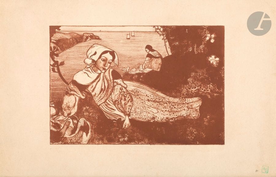 Armand Seguin (1869-1903) 
La Primavera (lying woman). 1894-1895. Zincography. 315 x 225. Field, Strauss and Wagstaff 84. Printed in brown. Nice proof on strong vellum, slightly oxidized, covered with the apple green stamp (Lugt not described). Broken folds and small accidents skilfully restored at the edges of the sheet. All margins. Ex-coll. G. de Toulouse-Lautrec (Lugt 3868).
