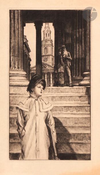 James-J.-J. Tissot (1836-1902) 
Le Portique de la National Gallery à Londres. 1878. Eau-forte et pointe sèche. 208 x 380. Wentworth 40. Très belle épreuve sur japon. Pli cassé oblique au bord supérieur droit. Auréole rousse en pied du feuillet. Belles marges.