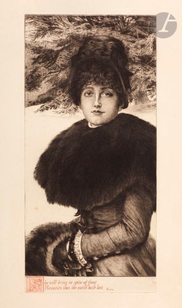James-J.-J. Tissot (1836-1902) 
Promenade dans la neige. 1880. Eau-forte et pointe sèche. 267 x 566. Wentworth 48. Superbe épreuve sur vergé, du 2e état (sur 3), avec la lettre tirée en rouge, timbrée (Lugt 1545). Quelques rousseurs claires. Toutes marges.