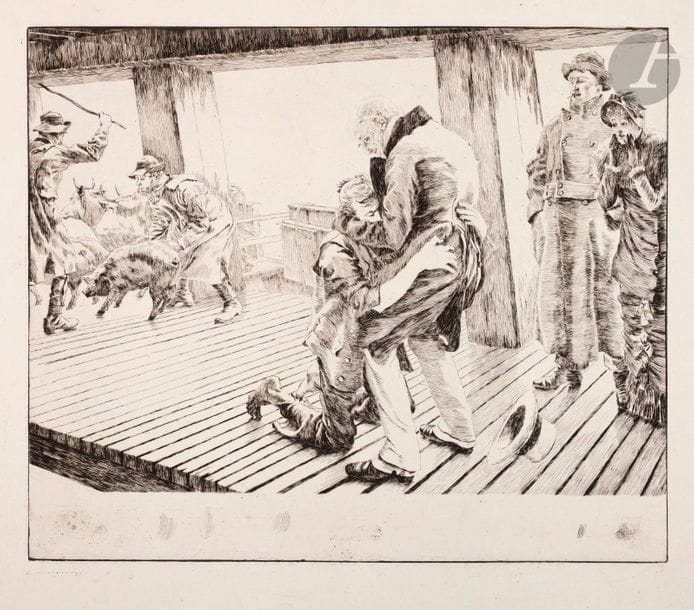 James-J.-J. Tissot (1836-1902) 
Le Retour. (Pl. de la suite L’Enfant prodigue). 1881. Eau-forte et pointe sèche. 370 x 310. Wentworth 60. Exceptionnelle réunion de 4 épreuves d’états, sur différents papiers. Légère oxydation et quelques rousseurs à certains feuillets. Petites inscriptions au crayon en pied à la 1re. Toutes marges.