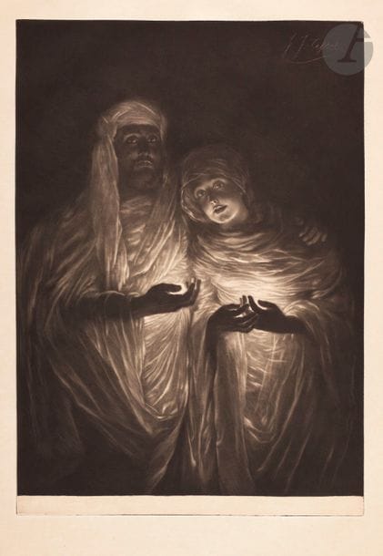 James-J.-J. Tissot (1836-1902) 
Apparition médiunimique. 1885. Manière noire. 345 x 492. Wentworth 76. Superbe épreuve sur simili-japon, du 1er état (sur 2), avant la lettre. Fin pli cassé oblique en pied. Toutes marges.