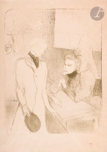 Henri de Toulouse-Lautrec (1864-1901) 
Brandès et Le Bargy, dans « Cabotins ». 1894. Lithographie. 328 x 428. Delteil 61 ; Wittrock 52. Impression en vert olive. Très belle épreuve sur vélin, soigneusement lavée et finement doublée sur japon mince, revêtue du timbre rouge de l’artiste (Lugt 1338). Déchirure verticale de 50 mm restaurée dans l’angle inférieur droit. Menus accidents restaurés aux bords du feuillet. Belles marges. Rare. Tirage à 50 épreuves.