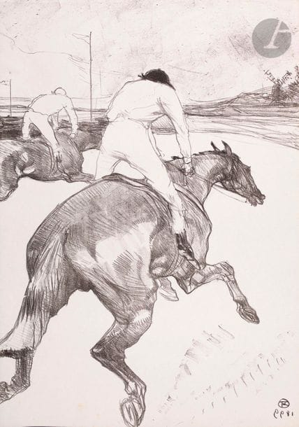 Henri de Toulouse-Lautrec (1864-1901) 
Le Jockey. 1899. Lithographie. 362 x 516. Delteil 279 ; Wittrock 308. Très belle et fraîche épreuve, l’une des 70 de la pierre-clé en noir sur chine volant, tirée sans marges comme à l’ordinaire. Déchirures en étoile de quelques centimètres sommairement consolidées au bord gauche.