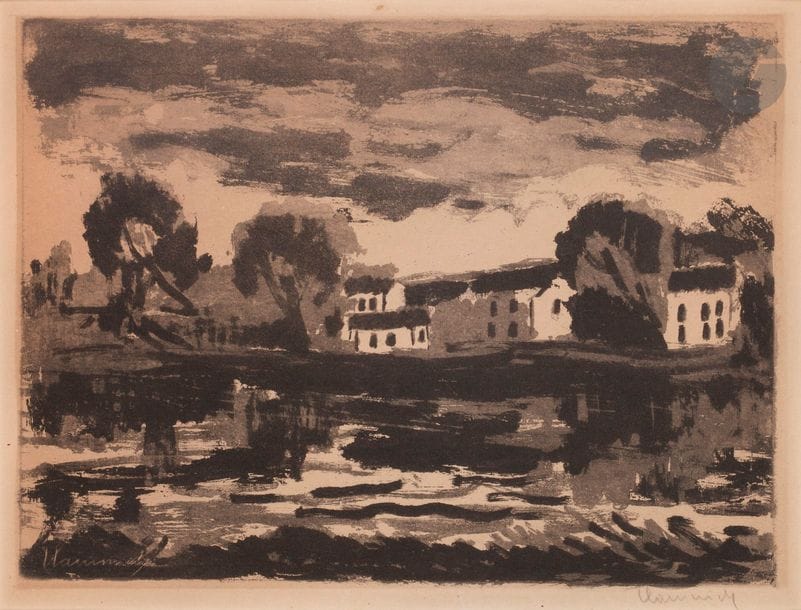 Maurice de Vlaminck (1876-1958) 
L'Oise in Sergy. (Pl. For the album Maîtres et Petits Maîtres, Frapier éd., Paris). 1924. Aquatint. 320 x 240. Walterskirchen 110. Nice vellum print, signed in pencil, oxidized under the mat. Margins. Frame.
