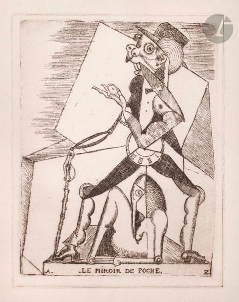 Ángel Zárraga y Argüelles (mexicain) (1886-1946) 
Le Miroir de poche. Vers 1920. Eau-forte. 210 x 270. Belle épreuve sur vélin, annotée au crayon « 1er état épreuve unique / A René Chalupt son ami / Zarraga ». Très claires rousseurs éparses. Déchirure de 35 mm en pied. Marges. Cadre. 

Le dédicataire, René Chalupt (1885-1957), est un poète et critique musical français. Nombre de musiciens composèrent des mélodies sur ses vers. 
