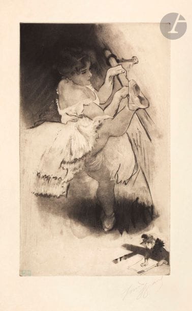 *Louis Legrand (1863-1951) 
On se tourne. (Pl. pour l’album Les Petites du ballet, G. Pellet éd.). 1893. Eau-forte, aquatinte et pointe sèche. 220 x 370. Arwas 83. Très belle et fraîche épreuve d’état sur japon impérial, avec la remarque mais avant la signature et le titre gravé, signée au crayon. Toutes marges. Ex-coll. J. Chavasse (Lugt 1430 – encre du timbre apposé au verso transparaissant au recto).