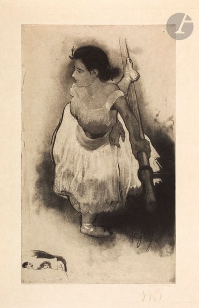 *Louis Legrand (1863-1951) 
On se retourne. (Pl. pour l’album Les Petites du ballet, G. Pellet éd.). 1893. Eau-forte, aquatinte et pointe sèche. 220 x 370. Arwas 84. Très belle et fraîche épreuve d’essai sur japon, avant effaçage de la remarque en bas à gauche, avant le titre et avant de nouveaux travaux, signée et annotée « Essai » au crayon, numérotée au crayon rouge. Toutes marges.