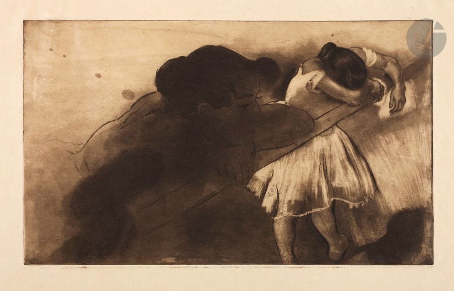 *Louis Legrand (1863-1951) 
En nage. (Pl. pour l’album Les Petites du ballet, G. Pellet éd.). 1893. Eau-forte, aquatinte et pointe sèche. 365 x 220. Arwas 86. Très belle et fraîche épreuve sur japon impérial, avant divers travaux, annotée en pied au crayon « 4e Etat sur 12 ». Toutes marges.