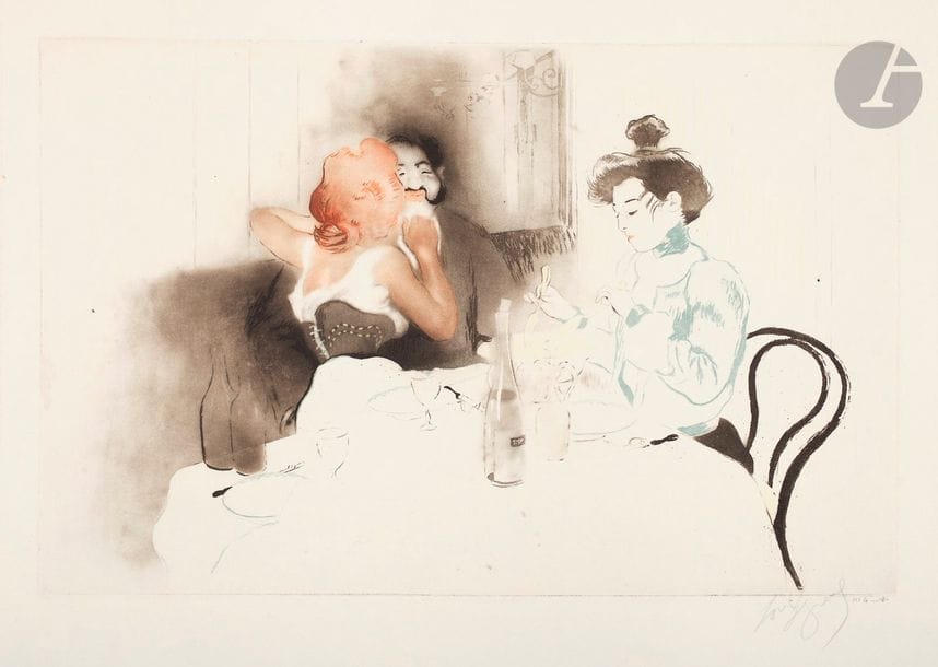 *Louis Legrand (1863-1951) 
Soupeurs. 1904. Eau-forte et aquatinte. 408 x 260. Arwas 205. Impression en couleurs. Très belle épreuve sur vélin, signée au crayon puis numérotée et paraphée par l’éditeur G. Pellet. Restes de colle aux bords du feuillet. Toutes marges. Tirage à 65 épreuves.