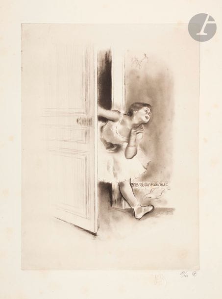 *Louis Legrand (1863-1951) 
La Gosse. (Pl. pour l’album La Petite classe, G. Pellet éd.). 1908. Eau-forte, pointe sèche et aquatinte. 287 x 400. Arwas 359. Très belle épreuve sur vergé, signée au crayon, numérotée et timbrée par l’éditeur G. Pellet (Lugt 1191). Rousseurs claires éparses. Toutes marges. Tirage à 100 épreuves. Ex-coll. M. Mirault (Lugt 1892a).