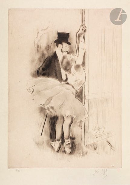 *Louis Legrand (1863-1951) 
Petite marcheuse. (Pl. pour l’album La Petite classe, G. Pellet éd.). 1908. Eau-forte, pointe sèche et aquatinte. 287 x 400. Arwas 361. Très belle épreuve sur japon impérial, numérotée, signée au crayon et revêtue du timbre rouge de l’éditeur G. Pellet (Lugt 1193). Tirage à 30 épreuves.