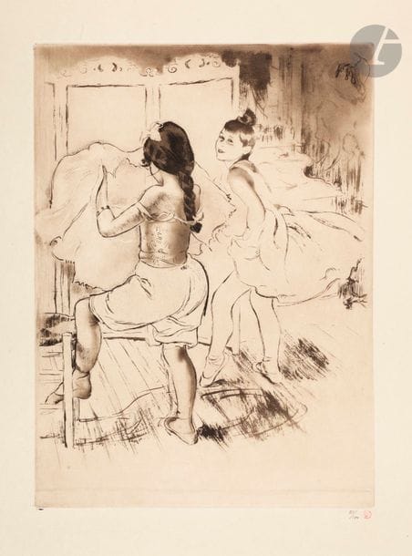*Louis Legrand (1863-1951) 
L'Habillage. (Pl. for the album La Petite classe, G. Pellet ed.). 1908. Etching, aquatint, soft varnish and drypoint. 288 x 395. Arwas 369. Very beautiful and fresh proof on imperial Japanese, numbered in pencil and stamped by the publisher (Lugt 1193). All margins.
