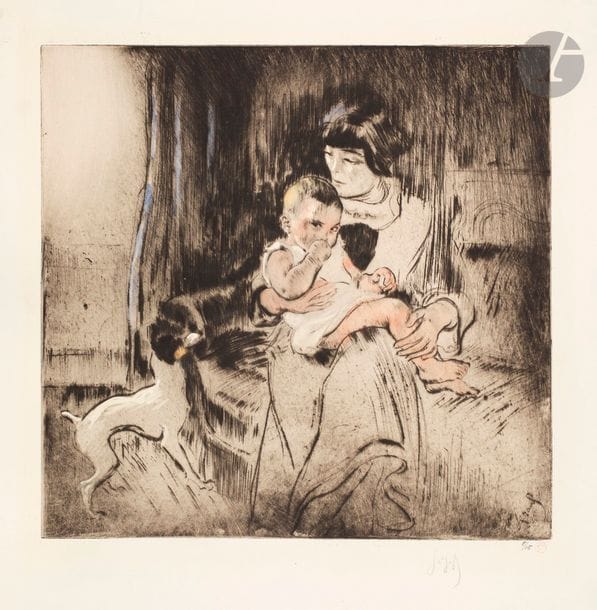 *Louis Legrand (1863-1951) 
Woman and child, or Le Morceau de sucre. 1912. Dry point. 315 x 310. Arwas 437. Very beautiful vellum print, with watercolour highlights, signed in pencil, then numbered and stamped by G. Pellet (Lugt 1193). Very clear trace of oxidation. All margins. Rare. Drawing at 15 events.
