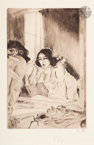 *Louis Legrand (1863-1951) 
Artificial flora; La Toilette; Realism. 1896-1909. Dry point; etching, dry point and aquatint. Various formats. Arwas 133, 353 and 377. Very beautiful proofs on vellum, 2 signed in pencil, all stamped with the stamp of the publisher G. Pellet (Lugt 1191 or 1193). All margins. Set of 3 p.
