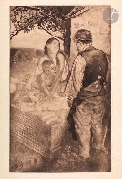 *Louis Legrand (1863-1951) 
Le Fils du charpentier ; La Divine parole ; L’Aïeule ; Le Bedeau du Mée ; Vieux berger. Eau-forte, pointe sèche et aquatinte. Arwas 2, 89, 202, 433, 434. Très belles épreuves sur vélin (la 1re sur japon impérial), non signées, 2 numérotées au crayon. Toutes marges. Ens. 5 p.