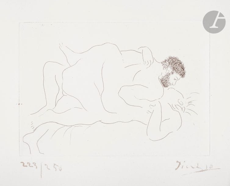Pablo Picasso (1881-1973
)Man and woman. 1927. Etching. 279 x 194. Bloch 77; Baer 118 b 2; Johnson 91. Superb proof on strong vellum, numbered and signed with a brush and grey ink. Some rust points in the subject. Two tiny black ink spots on the left board shot. All margins not trimmed. Edition of 250 prints. A. Vollard ed. (this plate was to be included in two of his albums that were not produced).
