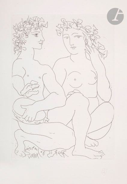 Pablo Picasso (1881-1973)
 Suite Vollard
Jeune couple accroupi, l’homme avec un tambourin. (Suite Vollard, pl. 19). 1934. Eau-forte. 197 x 277. Bloch 212 ; Baer 411 B d. Très belle épreuve sur vergé de Montval filigrané « Picasso », du tirage à petites marges à 260 épreuves, non signée. Court pli cassé dans l’angle supérieur gauche du feuillet. Toutes marges non ébarbées.