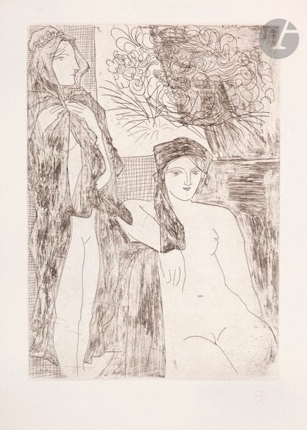 Pablo Picasso (1881-1973)
 Suite Vollard
Rembrandt et deux femmes. (Suite Vollard, pl. 35). 1934. Eau-forte et grattoir. 196 x 277. Bloch 215 ; Baer 414 B d. Parfaite épreuve sur vergé de Montval filigrané « Picasso », du tirage à petites marges à 260 épreuves, non signée. Toutes marges non ébarbées.