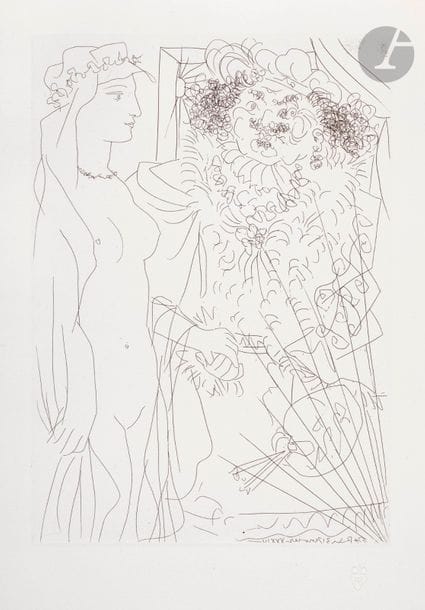 Pablo Picasso (1881-1973)
 VollardRembrandt Suite


 and woman with a veil. (Suite Vollard, pl. 36). 1934. Etching. 198 x 276. Bloch 214; Baer 413 B d. Perfect proof on Montval laid watermarked "Picasso", from the small margin print to 260 proofs, unsigned. All margins not trimmed.

