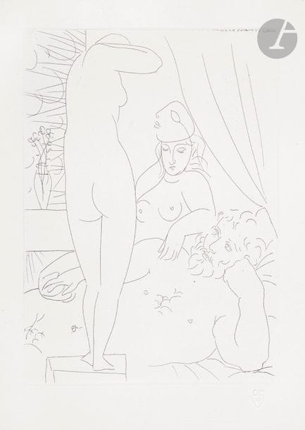Pablo Picasso (1881-1973)
 Vollard SuiteThe


 sculptor's rest and the mask model. (Suite Vollard, pl. 50). 1933. Etching. 194 x 268. Bloch 159; Baer 312 B d. Perfect proof on Montval laid watermarked "Picasso", from the small margin print to 260 proofs, unsigned. All margins not trimmed.

