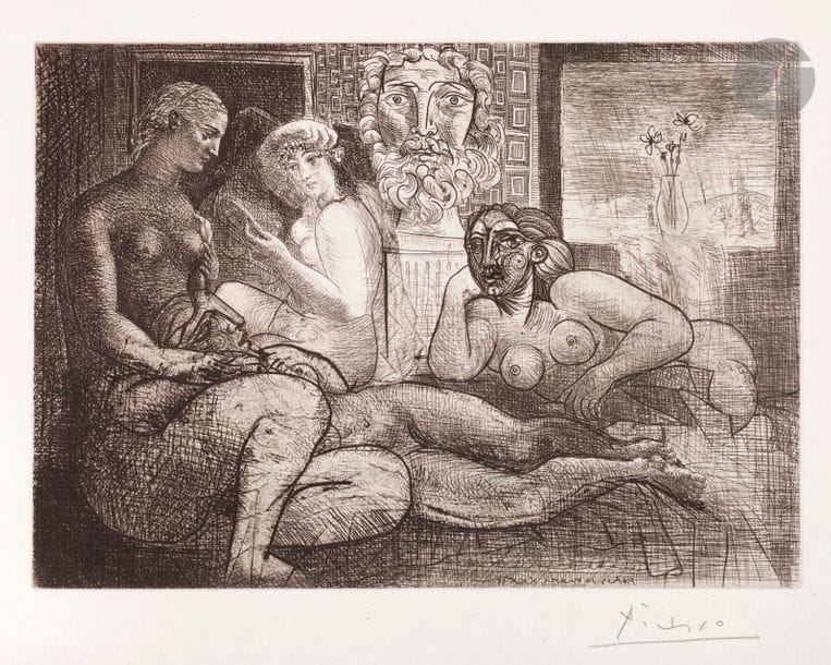 Pablo Picasso (1881-1973)
 Vollard SuiteFour


 nude women and sculpted head. (Suite Vollard, pl. 82). 1934. Etching and chisel. 316 x 224. Bloch 219; Baer 424 V B d. Perfect proof on Montval laid watermarked "Vollard", from the small margin print to 260 prints, signed in pencil. All margins not trimmed.

