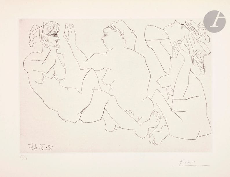 Pablo Picasso (1881-1973)
Trois femmes nues. 2 mars 1965. Pointe sèche. 330 x 230.  Bloch 1206 ; Baer 1184 B b 1. Très belle épreuve sur vélin ivoire, numérotée et signée au crayon. Très légère oxydation aux bords du feuillet. Toutes marges. Tirage à 50 épreuves. Éd. de la galerie Louise Leiris (1965).