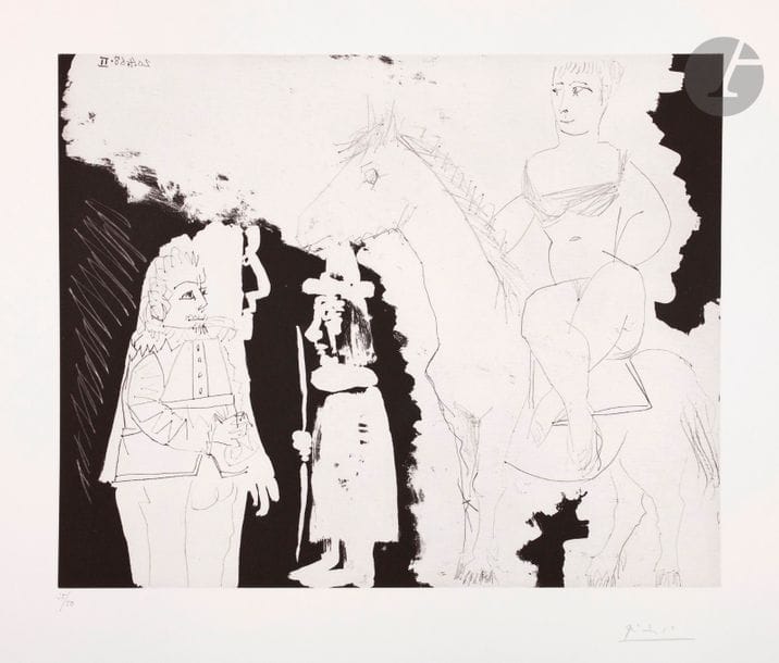 Pablo Picasso (1881-1973)
Série « les 347 »
Écuyère, « bonhomme » et mousquetaire. (Les 347, pl. 44). 20 avril 1968. Pointe sèche, grattoir et aquatinte. 392 x 315. Bloch 1524 ; Baer 1540 B b 1. Parfaite épreuve sur vélin blanc filigrané « bfk rives », numérotée et signée au crayon. Toutes marges. Tirage à 50 épreuves. Éd. de la galerie Louise Leiris (1969).