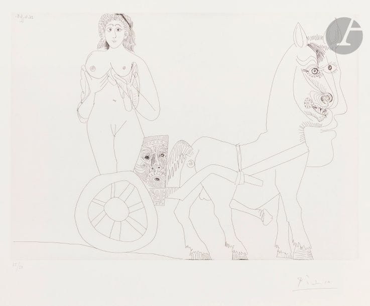 Pablo Picasso (1881-1973
)Series "The 347
 "

Woman on a Roman chariot harnessed to a half-human horse. (The 347, pl. 53). Etching. 387 x 278. Bloch 1533; Baer 1549 B b 1. perfect proof on white vellum filigree "bfk rives", numbered and signed in pencil. All margins. Drawing at 50 events. Ed. of the Louise Leiris Gallery (1969)

