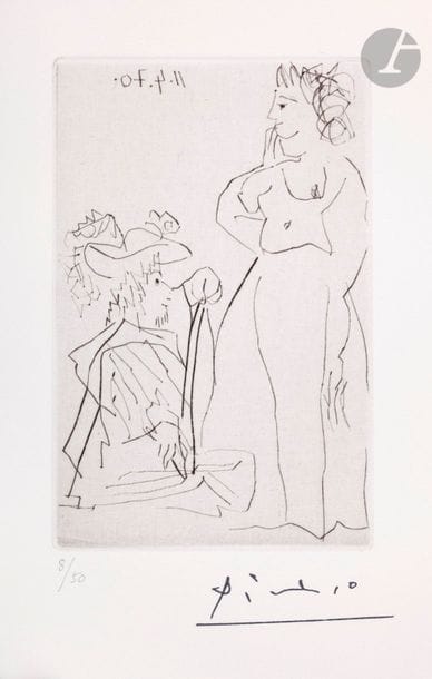 Pablo Picasso (1881-1973
)Series "the
 156 "

Cul-de-jatte and woman. (The 156, pl. 30). April 11, 1970. Dry point. 79 x122. Bloch 1885; Baer 1891 B a. Perfect proof on white vellum, numbered in pencil and stamped (Lugt 2026e). All margins. Drawing at 50 events. Ed. from the Louise Leiris Gallery (1978).


